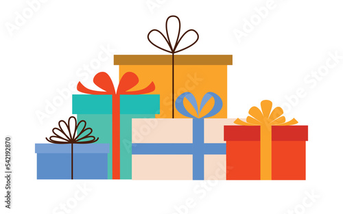 A group of multi-colored gift boxes with bows. Vector illustration in modern flat style isolated on white background