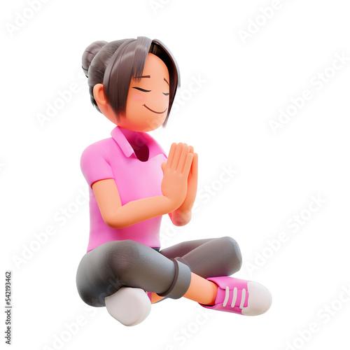 3d render cute girl meditating