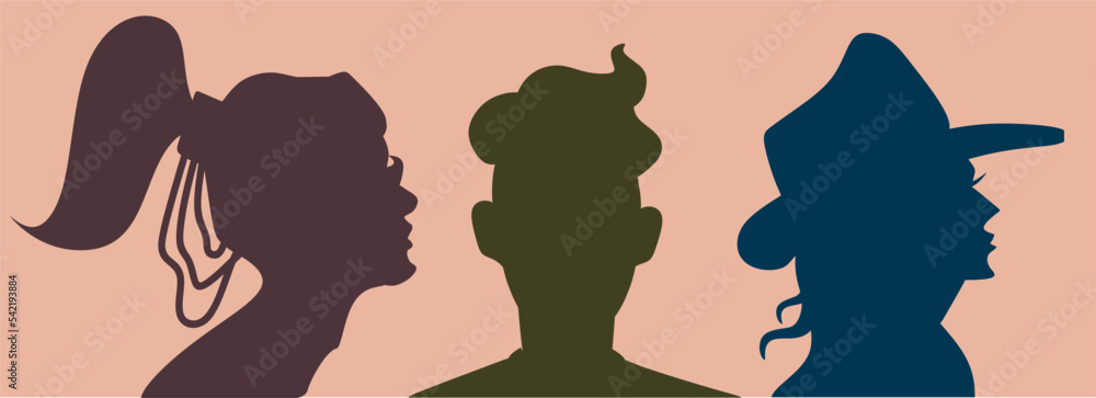 Three human silhouettes in pastel colors. Female and male profiles in blue, purple and khaki colors. The background is a peach rectangle.