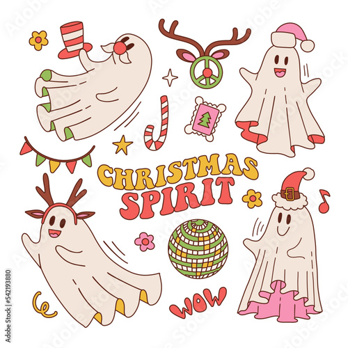 Set of Retro 70s 60s Hippie Groovy Christmas spirit Ghost characters isolated on white. Xmas White sheet spook in Santa hat, Deer antlers print for T-shirt design. Vector contour illustration.