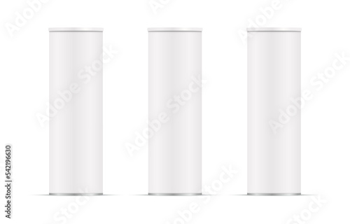 Realistic blank cylinder tube set. White matte paper cardboard box with plastic lid. Packaging with shadow. Mockup template design for snack and chips products. Vector 3d illustration