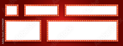 Retro sign banner set. Lightbox billboard for cinema, bar show or restaurant. Marquee neon rectangle with illuminated light bulbs. Template design for vintage decoration and signboard. Vector