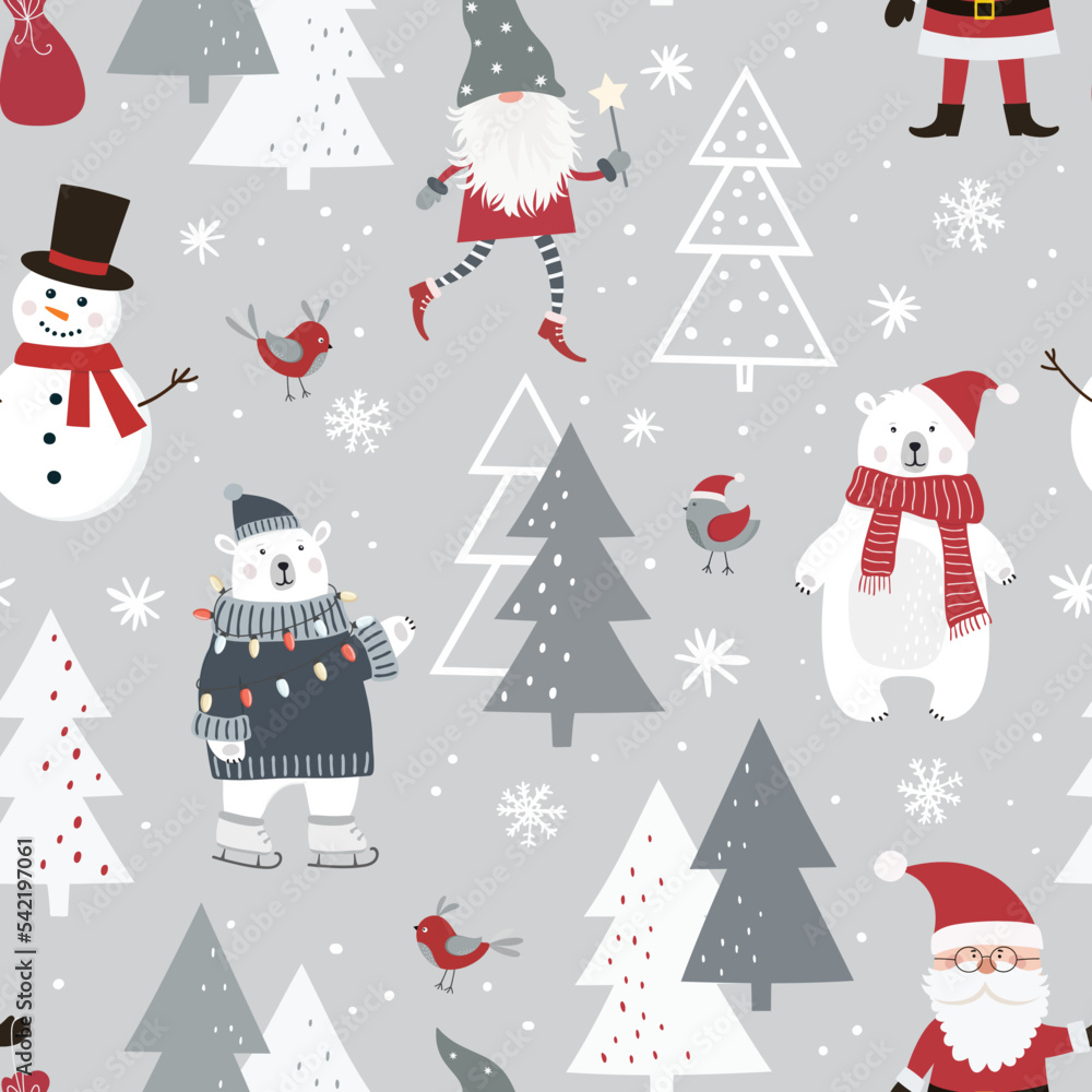 Christmas seamless pattern with scandinavian gnome, Santa Claus, snowman, polar bear, christmas tree and snowflakes. Christmas seamless pattern with scandinavian gnome, Santa Claus, snowman, polar bear, christmas tree and snowflakes.