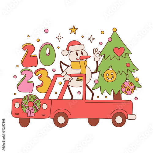 Hippie style truck with xmas spruce tree. Ornamental retro concept with snowman character in the back of a car. 1960s  70s Greeting card Christmas and 2023 New Year. Hippy vector illustration