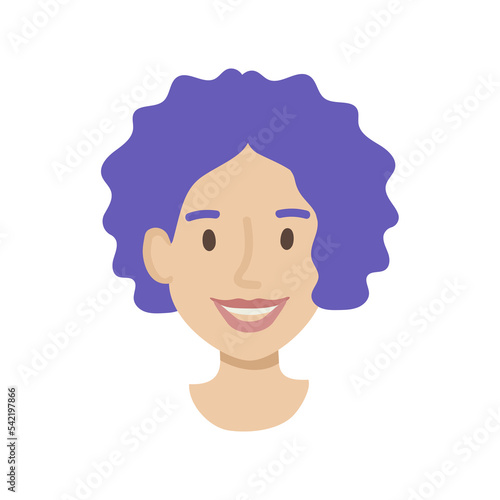 Girl face flat. Friendly young woman with short curly blue hair. Hand drawn vector illustration.