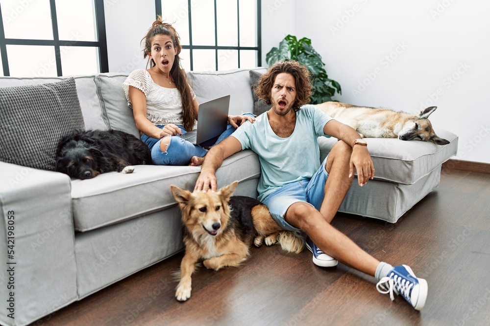 Young hispanic couple with dogs relaxing at home in shock face, looking skeptical and sarcastic, surprised with open mouth