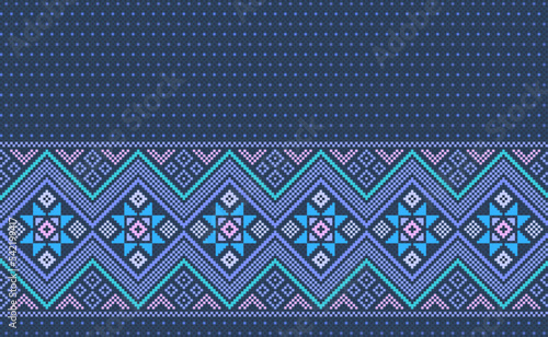 Pixel ethnic pattern, Vector embroidery Morocco background, Geometric line aztec style, Blue pattern zigzag horizontal, Design for textile, fabric, carpet, kaftan, wall art