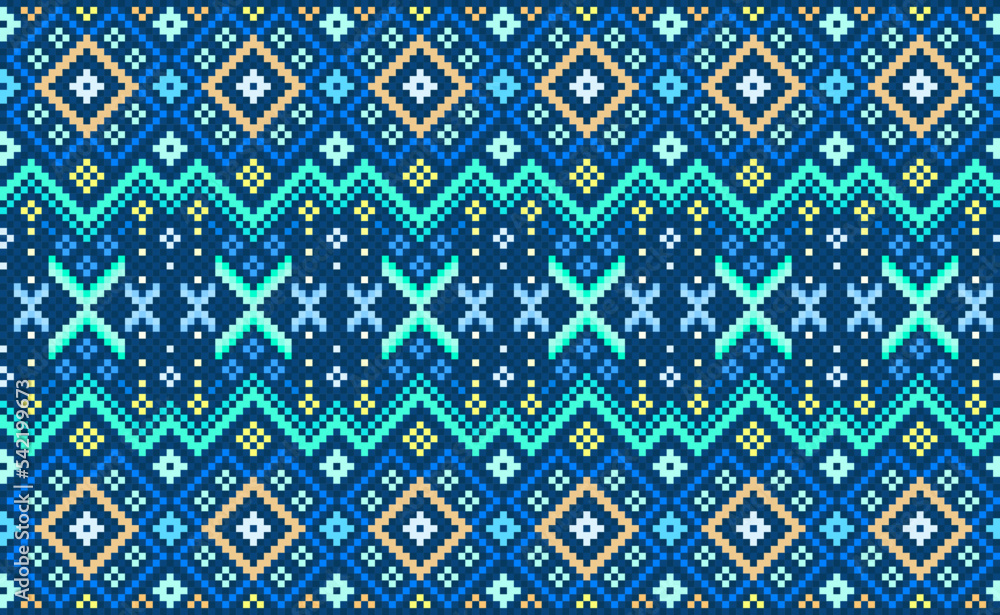 Pixel ethnic pattern, Vector embroidery crochet background, Geometric decorative geometry style, Blue and green pattern Boho horizontal, Design for textile, fabric, ceramic, print, sweater