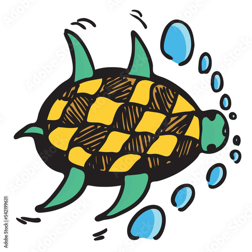a turtle swims while forming bubbles