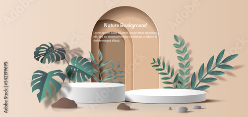 Product banner, podium platform with geometric shapes and nature background, paper illustration, and 3d paper.