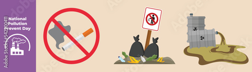 No smoking, Do not litter and oil barrel spill. National pollution prevent day set concept. Flat vector illustrations isolated. 