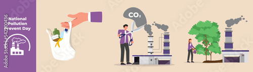 Hand carry plastic trash bag, Businessman prohibit factories from emitting carbon dioxide and Young girl water plant. National pollution prevent day set concept. Flat vector illustrations isolated. 