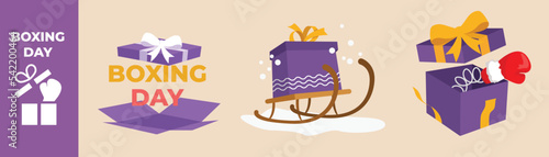 Boxing day banner, Present box on sleigh and Boxing glove coming out of gift. Boxing day set concept. Colored flat graphic vector illustration isolated.