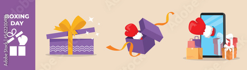 Open gift box with ribbon, Boxing glove coming out of gift and boxing glove on smartphone with present boxes. Boxing day set concept. Colored flat graphic vector illustration isolated.