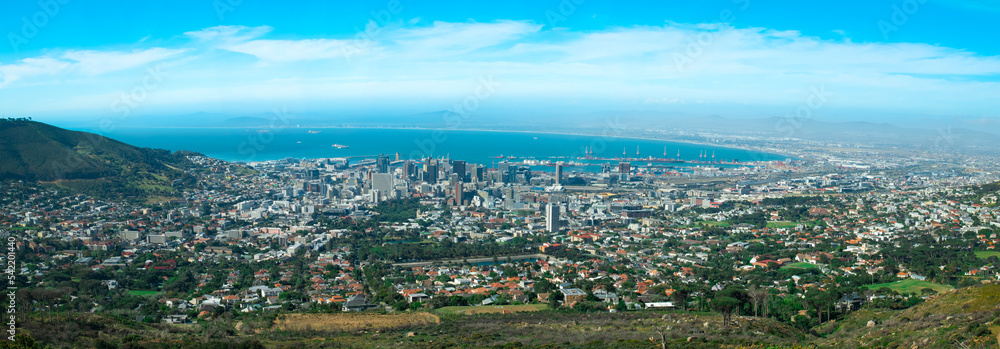Panoramic view of the Cape Town City Bowl from Table Mountain parking area on a sunny day