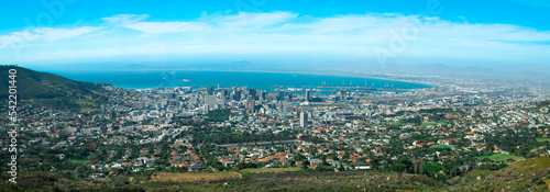 Panoramic view of the Cape Town City Bowl from Table Mountain parking area on a sunny day