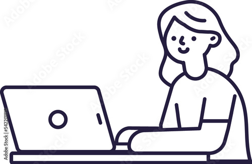 Woman working Laptop cartoon line illustration