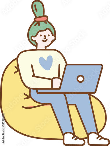 Woman working Laptop cartoon line illustration © Oksana
