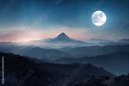 Surreal landscape with mountains, beautiful nebula, full moon.AI