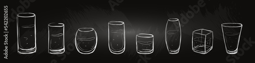 Set of sketch transparent water glasses on a chalkboard. Glasses in different shapes. Isolated.  