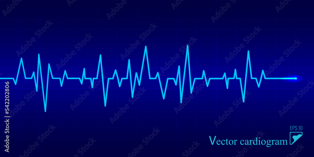 Vector illustration of a cardiogram. Blue background with a heartbeat line. Medicine, pulse, electrocardiogram, heart rate