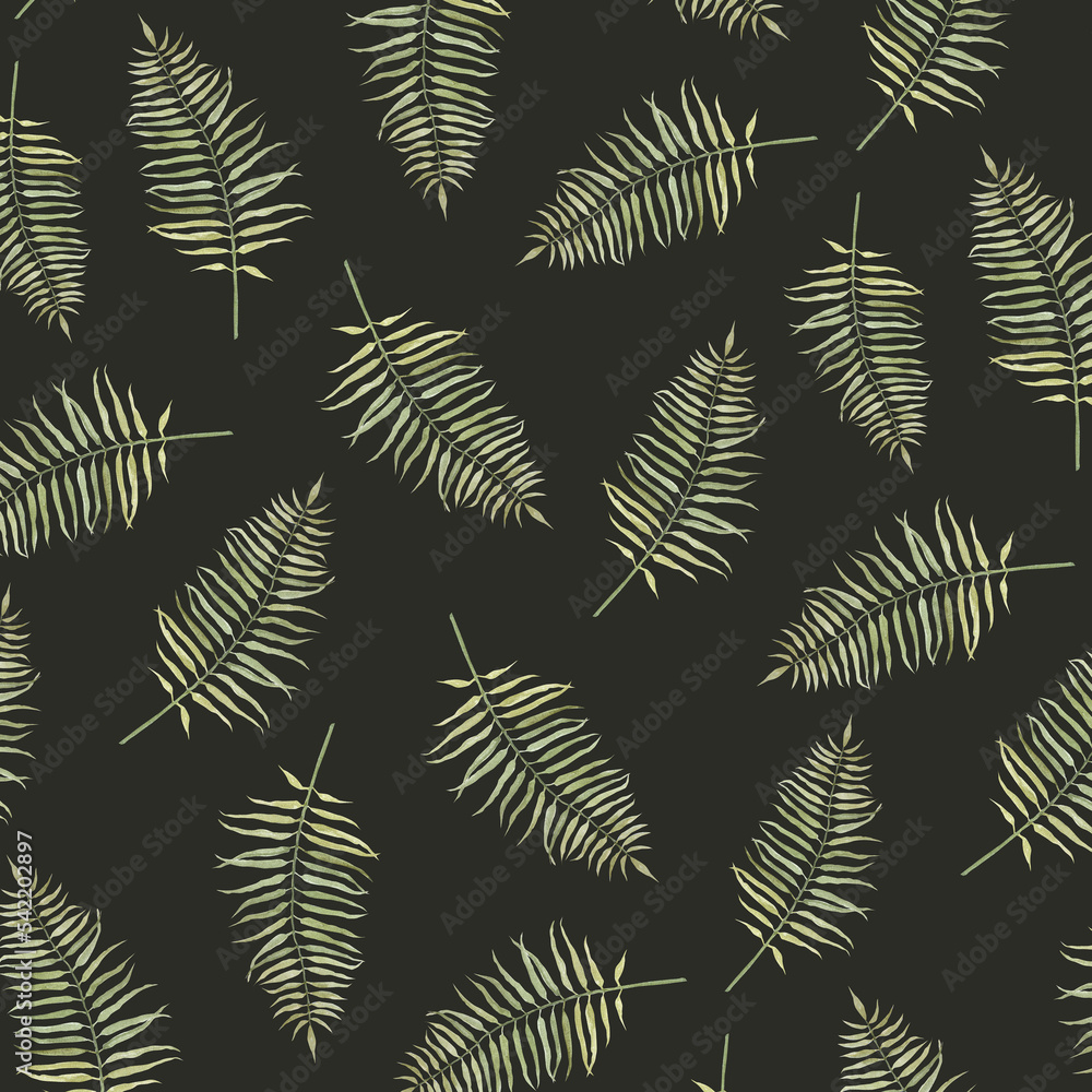 Watercolor seamless pattern with ferns on a black background