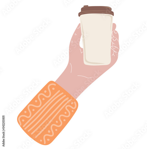 Hand holding disposable coffee cup. Coffee to go cup. Take away food concept. Hand drawn vector illustration