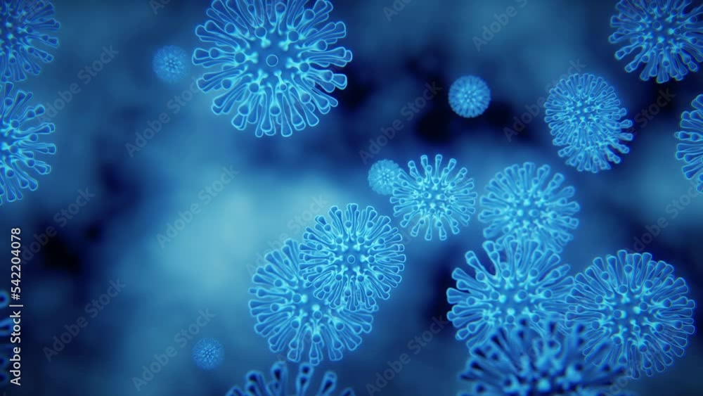 Virus cells Coronavirus (COVID-19) 4k High definition medical 3d animation, high definition microbiology, blue viruses under microscope. Popular scientific background Seamless loop.
