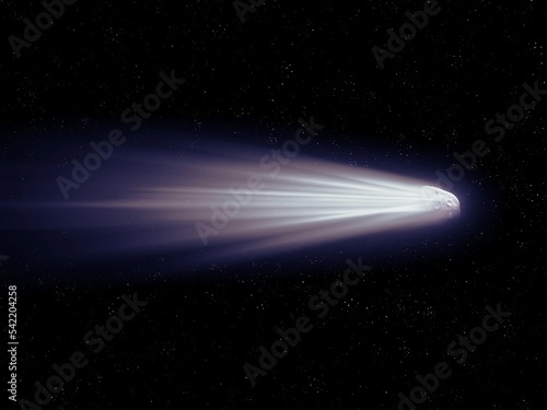 Tail of a large comet glows against the background of stars in outer space near the Earth. Observation of astronomical objects.