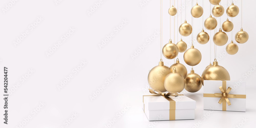 Obraz premium Hanging golden Christmas ball and gift boxes.