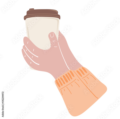 Hands holding disposable coffee cup. Coffee to go cup. Take away food concept. Hand drawn vector illustration