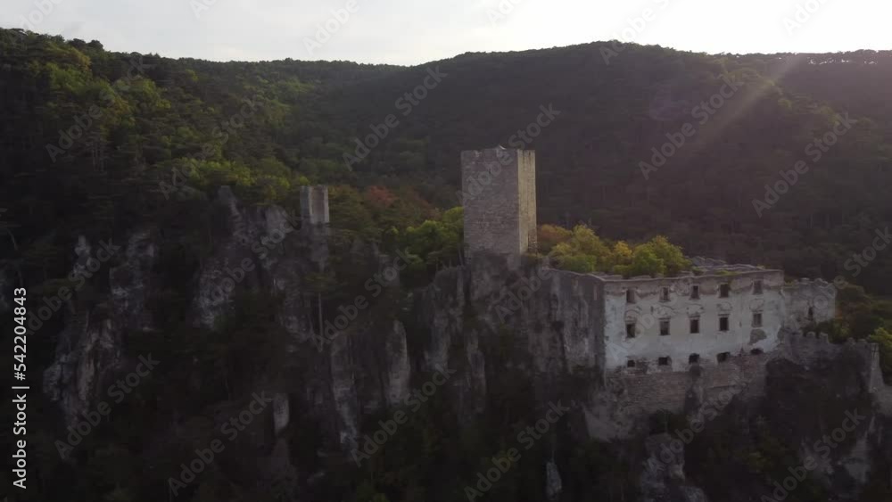 Aerial of the ruins of the Rauheneck Castle in the woods in Baden, Austria Aerial of the ruins of the Rauheneck Castle in the woods in Baden, Austria