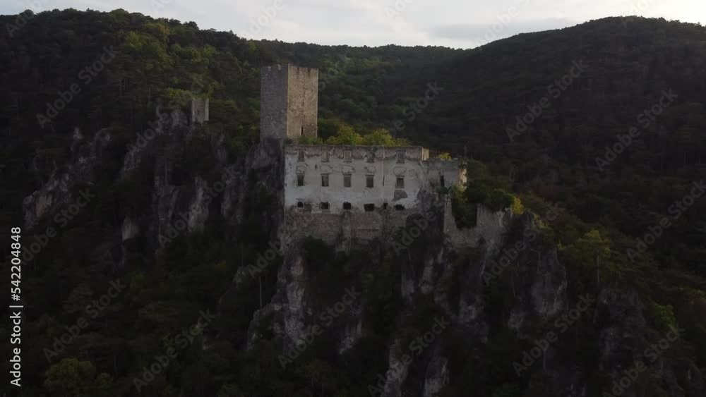 Aerial of the ruins of the Rauheneck Castle in the woods in Baden, Austria Aerial of the ruins of the Rauheneck Castle in the woods in Baden, Austria