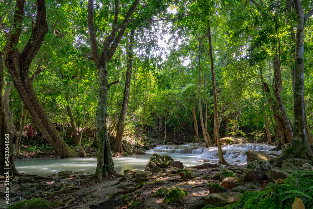 Beautiful waterfall in the forest at Erawan waterfall National Park, Thailand Beautiful waterfall in the forest at Erawan waterfall National Park, Thailand