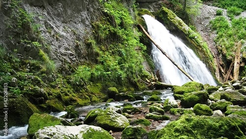 Fan waterfall and a river in Galbena gorges, Apuseni National park, Romania photo