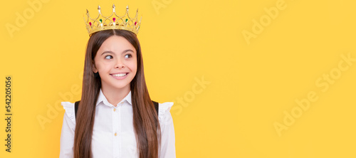 arrogant princess in tiara. proud teen girl smiling. egoistic child wear diadem. Child queen princess in crown horizontal poster design. Banner header, copy space.