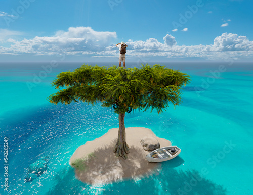 Boat and man on a tree on a sandy island in the ocean photo