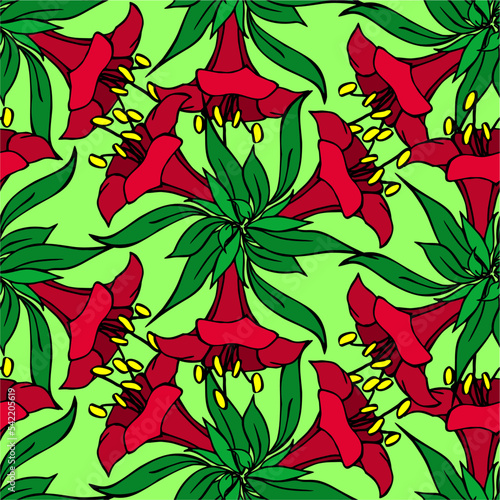 seamless symmetrical graphic pattern of red flowers on a green background, texter, design