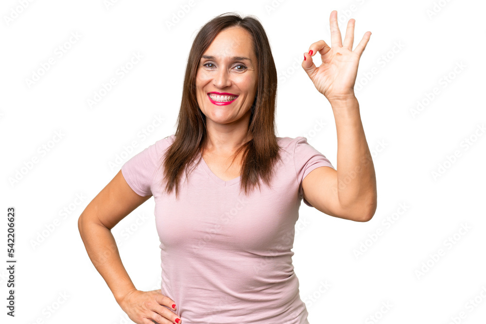 Middle-aged caucasian woman over isolated background showing ok sign with fingers Middle-aged caucasian woman over isolated background showing ok sign with fingers