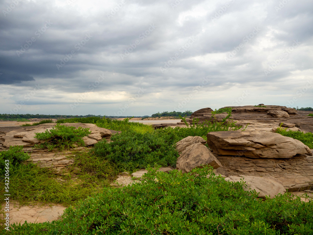 The rock field or rock shore with the green grass called Han Hong is famous in the middle of the Mekong river during the dry season.