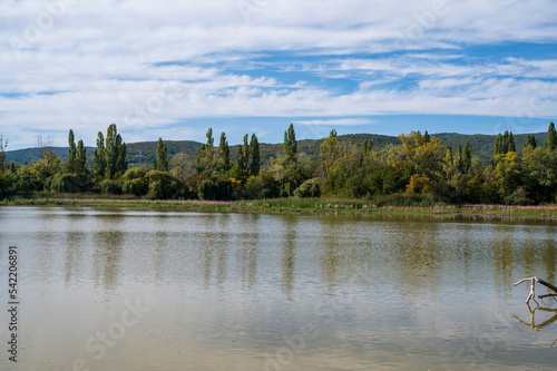 Lake in autumn forest with white clouds.