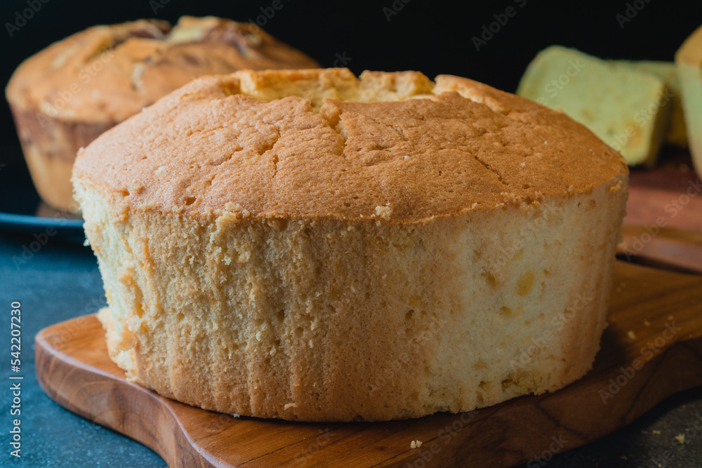 round sponge cake, with eye level shot round sponge cake, with eye level shot