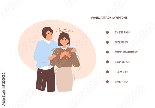Panic attack Symptoms, Panic disorder concept. Woman got panic attack, mental support. Cartoon flat vector illustration. 