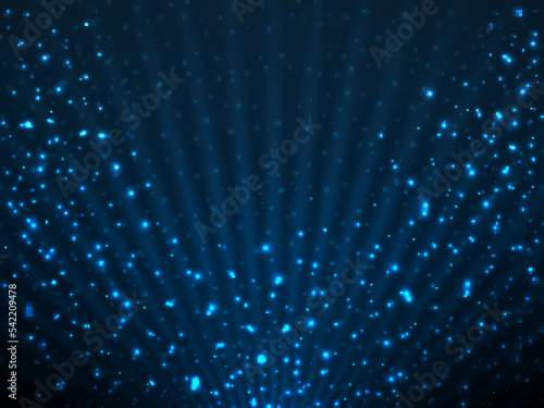 Abstract background with glitter particles and glowing rays. Magic backdrop