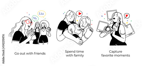 Summer vacation illustration set. Scenes with people performing summer outdoor activities-sunbathing, swimming,hiking. Visual stories collection