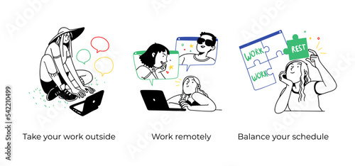 Summer vacation illustration set. Scenes with people performing summer outdoor activities-sunbathing, swimming,hiking. Visual stories collection