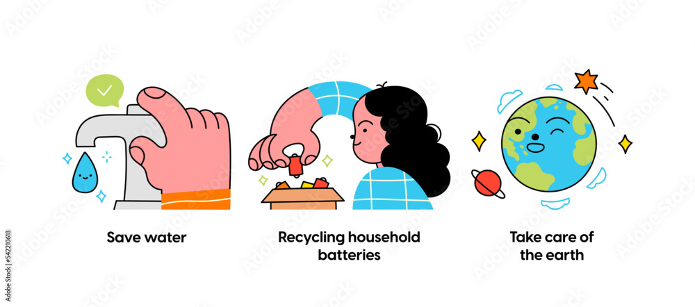 Eco friendly lifestyle and protecting the environment - set of business concept illustrations. Save water, Recycling battaries, Take care of the earth. Visual stories collection