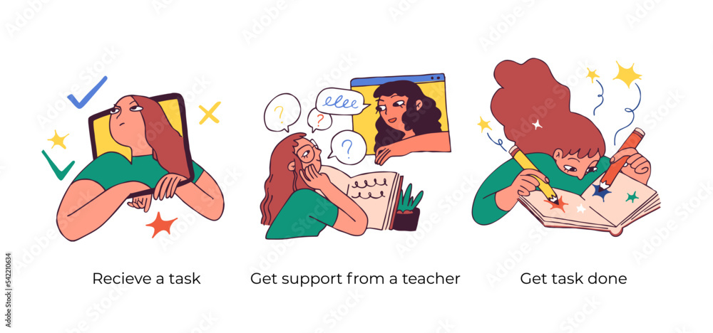 Educational and Self-Development. Concept for trainings, seminars, online courses. Recieve a task, get support from a teacher, get task done. Visual stories collection