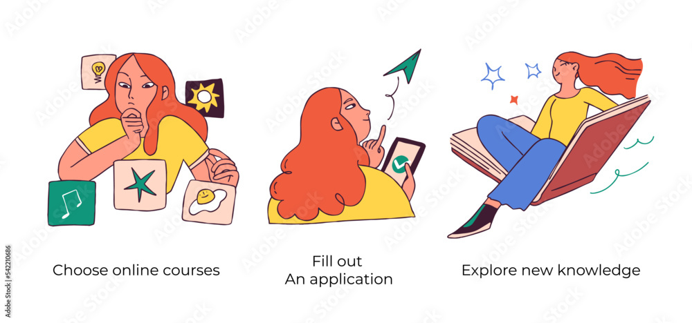 Educational and Self-Development. Concept for trainings, seminars, online courses. Choose the course, Fill out an application, Explore new knowledge. Visual stories collection