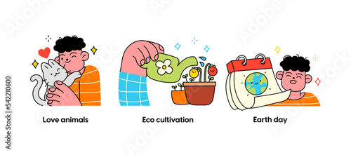 Eco friendly lifestyle and protecting the environment - set of business concept illustrations. Love animals, Eco cultivation, Earth day. Visual stories collection